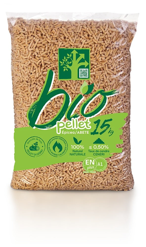 Bio Pellet ENplus A1 – Granulés de bois Bio Pellet 100 % épicéa ENplus A1 – palette de 72 sacs de 15 kg (1080 kg)