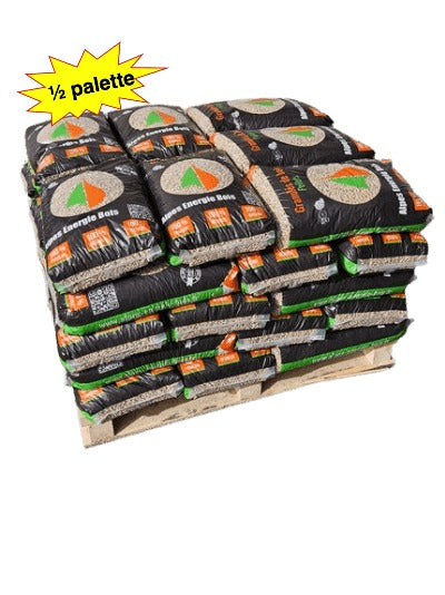 AEB 35 sacs de 15 kg – Granulés de bois Alpes Énergie Bois (AEB) DINplus 100 % résineux – demi-palette de 35 sacs de 15 kg (525 kg)