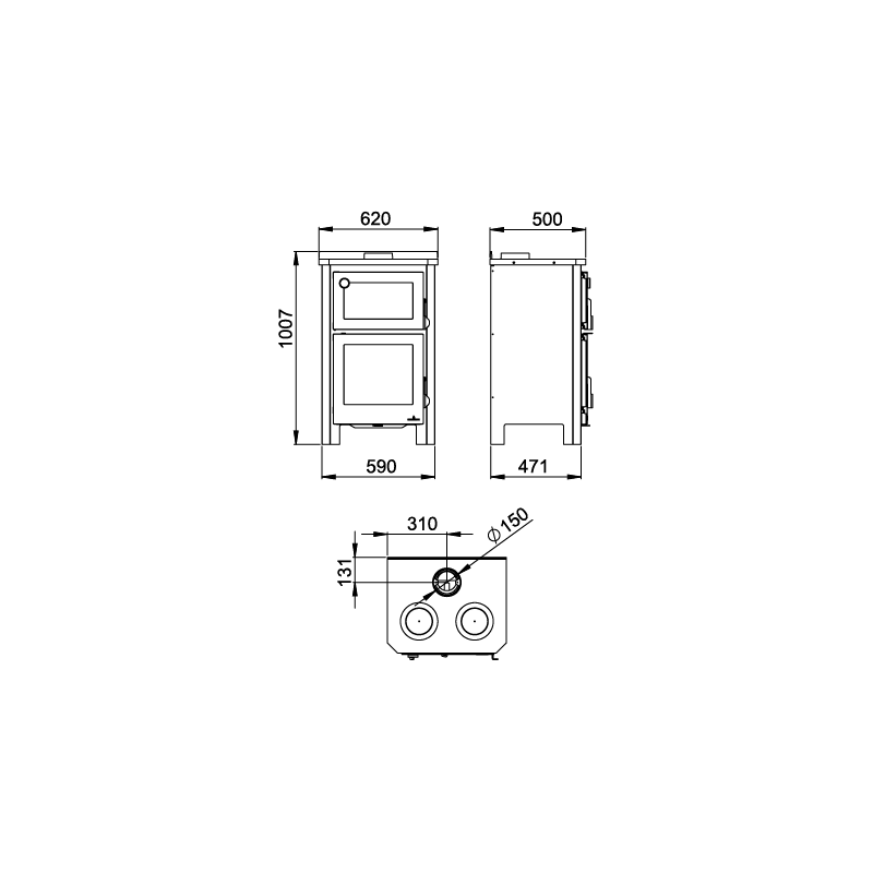 Dimension Poêle à bois avec four et plaque de cuisson Pramoda