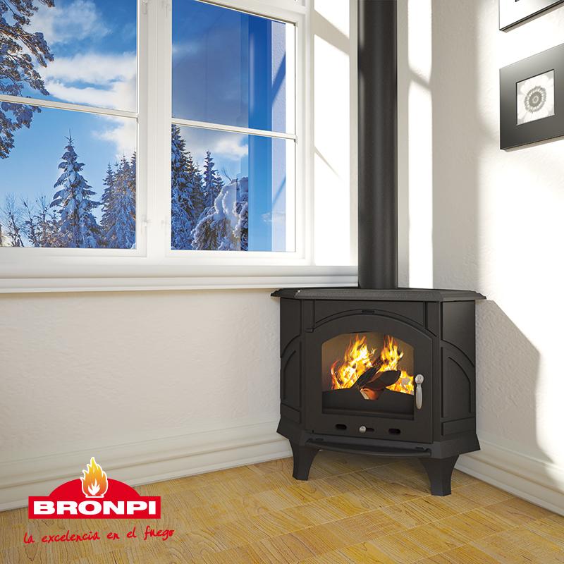 Poêle à bois d'angle en fonte BRONPI Altea 12 kW – Flamme Verte 7*, bûches 40 cm